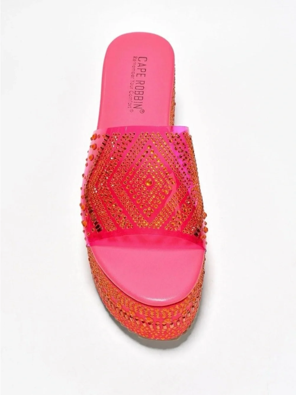 Women’s Platform Slide Sandals in Hot Pink with Crystal Embellishment